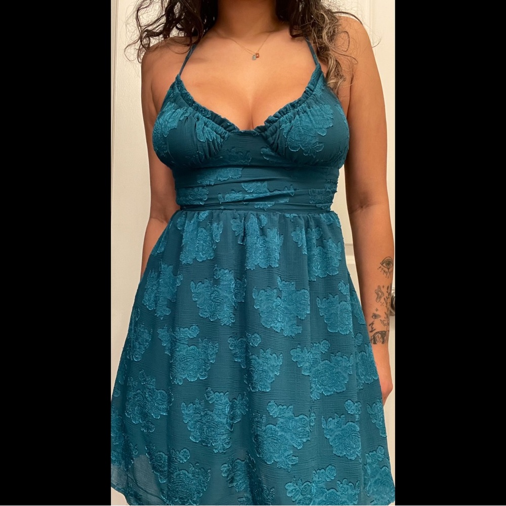 Green floral mini a line tie back lace up dress